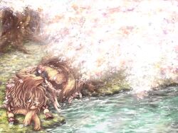  barefoot brown_hair cherry_blossoms commentary_request female fox kitsune kyuubi multiple_tails petals ragnarok_online sahar soaking_feet solo sorcerer_(ragnarok_online) tail tree water 