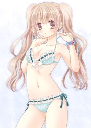  bad_id bad_pixiv_id bare_arms bare_shoulders bikini blush bracelet breasts brown_eyes collarbone cowboy_shot female frilled_bikini frills front-tie_bikini_top front-tie_top hands_up jewelry light_brown_hair long_hair looking_at_viewer medium_breasts navel original parted_lips polka_dot polka_dot_bikini ribbon-trimmed_bikini sarasa-sasa simple_background solo spaghetti_strap swimsuit twintails wavy_hair 