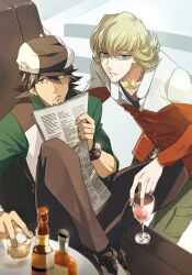  2boys bad_id bad_pixiv_id barnaby_brooks_jr. blonde_hair boots bottle bracelet brown_eyes brown_hair cabbie_hat cup drinking_glass facial_hair fujimura_(marina) glasses goatee green_eyes hat holding holding_newspaper jacket jewelry kaburagi_t._kotetsu male_focus multiple_boys necktie newspaper photoshop_(medium) red_jacket sitting tiger_&amp;_bunny vest watch wine_glass wristwatch 