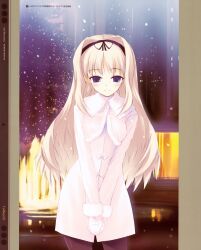  absurdres artist_name blonde_hair blue_eyes coat copyright_name cowboy_shot female hair_intakes hairband highres kawata_hisashi kusugawa_sasara long_hair long_sleeves looking_at_viewer mittens official_art outdoors pantyhose smile snow snowing solo to_heart_(series) to_heart_2 v_arms 