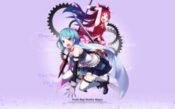  2girls blue_eyes blue_hair boots bow cape copyright_name dress english_text gears gloves hairbow hanokage highres long_hair magical_girl mahou_shoujo_madoka_magica mahou_shoujo_madoka_magica_(anime) miki_sayaka miki_sayaka_(magical_girl) multiple_girls oerba_yun_fang official_art official_wallpaper open_mouth polearm ponytail red_eyes red_hair sakura_kyoko sakura_kyoko_(magical_girl) short_hair skirt smile source_request spear sword thighhighs weapon 