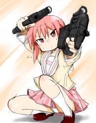  bad_id bad_pixiv_id blush bullpup dual_wielding female gun highres holding kneehighs nichijou p90 panties pink_eyes pink_hair school_uniform serafuku shoes short_hair skirt socks solo submachine_gun tachibana_misato tokisadame_school_uniform underwear weapon white_panties white_socks xenon_(kona-card) 