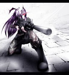  alternate_costume animal_ears assault_rifle battle_rifle boots camouflage commentary_request female finger_on_trigger foreshortening gun highres holding holding_gun holding_weapon letterboxed long_hair m14 maeda_kousuke military military_uniform on_one_knee purple_hair rabbit_ears red_eyes reflector_sight reisen_udongein_inaba rifle solo suppressor touhou uniform weapon 