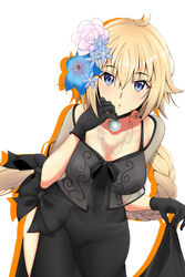  black_bow black_dress black_gloves blonde_hair blue_eyes blue_flower bow breasts cleavage commentary_request cowboy_shot dress fate/apocrypha fate_(series) female flower gloves hair_between_eyes hair_flower hair_ornament highres jeanne_d&#039;arc_(fate) jeanne_d&#039;arc_(formal_dress)_(fate) jewelry large_breasts leaning_forward looking_at_viewer necklace open_mouth see-through short_hair simple_background skirt_hold solo standing torikun white_background white_flower 