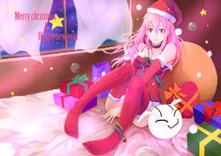  absurdres bad_id bad_pixiv_id bare_shoulders blush breasts commentary_request convenient_leg detached_sleeves female fyu-neru guilty_crown hair_ornament hairclip happy_new_year hat highres long_hair looking_at_viewer medium_breasts merry_christmas new_year parted_lips photoshop_(medium) pink_hair pink_lips red_eyes santa_hat solo thighhighs twintails xiao_miao yuzuriha_inori 