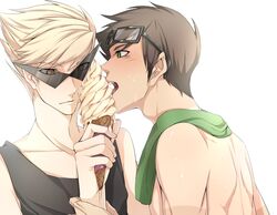  2boys backlighting black_hair blonde_hair blush dirk_strider food glasses green_eyes homestuck ice_cream jake_english male_focus multiple_boys orange_eyes sexually_suggestive sunglasses sweat tank_top ti9931 tongue tongue_out towel towel_around_neck triangular_eyewear yaoi 