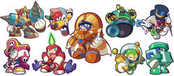  6+boys android armor astro_man burner_man chibi cold_man commentary_request dynamo_man everyone full_body ground_man kin_niku king_(mega_man) magic_man male_focus mega_man:_powered_up mega_man_&amp;_bass mega_man_(classic) mega_man_(series) multiple_boys parody pirate_man robot simple_background style_parody tengu_man white_background 