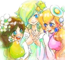  3girls artist_request blonde_hair blue_eyes brown_hair chiko_(mario) hair_over_one_eye luma mario_(series) multiple_girls nintendo princess princess_daisy princess_peach princess_rosalina rosalina_(mario) rosetta_(mario) shiro_tebukuro_r smile super_mario_bros. super_mario_galaxy super_mario_land 