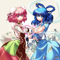  2girls 4-fingers_heart_hands absurdres bandages blue_eyes blue_hair breasts bun_cover chains chinese_clothes commentary_request cuffs double_bun dress flower hair_bun hair_ornament hair_rings hair_stick heart heart_hands heart_hands_duo highres holding_hands ibaraki_kasen interlocked_fingers kaku_seiga large_breasts multiple_girls open_mouth pink_eyes pink_hair puffy_sleeves raionsan rose shawl short_hair short_sleeves skirt smile tabard touhou vest 