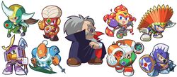  6+boys :d alternate_costume android angry arm_cannon axe beard blizzard_man blue_eyes brown_eyes cape centaur centaur_man chibi commentary_request dr._wily_(mega_man) electric_fan everyone evil_grin evil_smile facial_hair facial_mark fighting_stance flame_man forehead_jewel gloves green_eyes grey_hair grin hat headdress helmet horns kin_niku knight_man mace male_focus mega_man:_powered_up mega_man_(classic) mega_man_(series) mega_man_6 monocle monocle_chain mr._x_(mega_man) multiple_boys native_american native_american_headdress open_mouth outstretched_arms parody petals pink_eyes plant plant_man polearm profile purple_eyes red_eyes robot shield short_hair simple_background skiing skis smile spear spread_arms style_parody tail taur tomahawk_man turban vines warbonnet weapon wind_man yamato_man yellow_eyes 