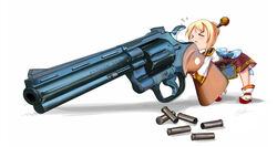  big_gun blonde_hair chibi colt_python dfo dungeon_and_fighter dungeon_fighter_online female female_gunner female_gunner_(dungeon_and_fighter) gun gunner gunner_(dungeon_and_fighter) hair_ornament handgun korean_clothes revolver weapon 