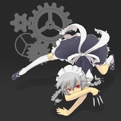  all_fours between_fingers braid female gears grey_hair holding izayoi_sakuya knife red_eyes ribbon solo torque touhou 