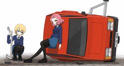  2girls absurdres autocycle black_pantyhose blonde_hair blue_eyes blue_sweater braid brown_eyes car darjeeling_(girls_und_panzer) frown girls_und_panzer highres kano_(nakanotakahiro1029) legs motor_vehicle multiple_girls one_eye_closed pantyhose red_hair reliant_robin rosehip_(girls_und_panzer) school_uniform st._gloriana&#039;s_school_uniform sweater top_gear vehicle_focus wreckage 