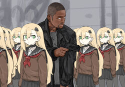  1boy 6+girls black_hair blonde_hair brown_shirt clone dark-skinned_male dark_skin del_spooner facial_hair goatee green_eyes grey_legwear grey_shirt grey_skirt gun hair_ornament handgun highres holding holding_gun holding_weapon i_robot indoors jacket leather leather_jacket long_hair long_sleeves matangom matangomu-chan multiple_girls original parody pleated_skirt sailor_collar sailor_shirt scene_reference school_uniform shirt short_hair skirt uniform weapon 