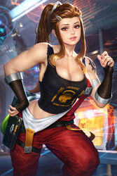  black_tank_top blurry blurry_background breasts brigitte_(overwatch) brown_eyes brown_hair cleavage cowboy_shot female freckles hand_up large_breasts long_hair looking_at_viewer neoartcore overalls overwatch overwatch_1 parted_lips ponytail print_tank_top red_overalls sidelocks smile solo tank_top tattoo 