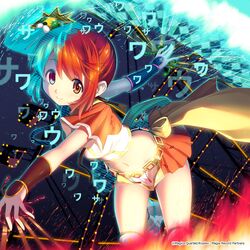  bare_shoulders blue_hair colorful eoyrrhlaojjz2xp female fire highres magia_record:_mahou_shoujo_madoka_magica_gaiden magical_girl mahou_shoujo_madoka_magica red_eyes red_hair sasagi_koushi scanline_hair solo split_theme standing thighs transparent uwasa_no_tsuruno yui_tsuruno 