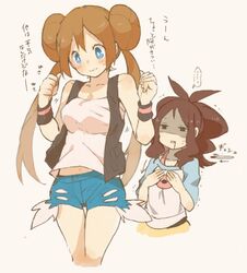  2girls aoya_(ayoyame18) black_vest black_wristband blood blood_from_mouth blue_eyes blush breast_envy breasts brown_hair closed_mouth collarbone commentary_request cosplay costume_switch cropped_legs denim denim_shorts double_bun doughnut_hair_bun hair_bun hands_up hilda_(pokemon) hilda_(pokemon)_(cosplay) long_hair looking_down midriff_peek multiple_girls pantyhose poke_ball_print pokemon pokemon_bw pokemon_bw2 print_shirt raglan_sleeves rosa_(pokemon) rosa_(pokemon)_(cosplay) shaded_face shirt short_shorts shorts simple_background sleeveless sleeveless_shirt speech_bubble standing translation_request twintails very_long_hair vest white_shirt wristband 