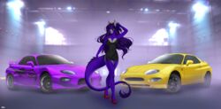  absurd_res anthro breasts canid canine canis car cleavage clothed clothing dress felid feline female footwear fur hi_res high_heels horn iris_grim jaguarundi lycafel mammal mitsubishi mitsubishi_fto purple_body purple_fur romanginzburg solo tail vehicle wolf 