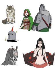  2boys 2girls absurdres arachne armor arthropod_girl bloodborne breasts breasts_apart cape chaos_witch_quelaag character_request dark_souls_(series) dark_souls_i dark_souls_ii emerald_herald feathers feline green_cape hand_up highres hood korean_commentary medium_breasts monster_girl multiple_boys multiple_girls navel red_feathers rusellunt simple_background solaire_of_astora spider_girl sweet_shalquoir taur topless vicar_amelia white_background 