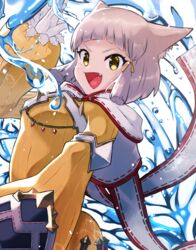  animal_ears blunt_bangs bodysuit breasts cat_ears cat_girl commentary facial_mark female gloves grey_hair highres kyosuke1413koba nia_(xenoblade) short_hair small_breasts solo white_gloves xenoblade_chronicles_(series) xenoblade_chronicles_2 yellow_bodysuit yellow_eyes 