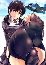  aircraft airplane ass black_thighhighs blue_sky breasts brown_eyes brown_hair closed_mouth commentary_request feet feet_up female foot_focus garter_straps grey_jacket hair_ornament highres jacket kamisimo_90 knees_up long_hair looking_at_viewer necktie no_shoes original panties red_necktie shirt sky smile soles solo thighhighs toes twintails twintails_nurse_(kamisimo_90) underwear white_panties 