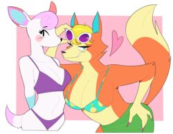  2021 absurd_res animal_crossing anthro audie_(animal_crossing) big_breasts bikini bikini_bottom bikini_top blonde_hair blue_body blue_eyes blue_fur blush blush_stickers border breasts canid canine canis claws clothing collarbone colored_nails curvy_figure deer diana_(animal_crossing) dot_eyes duo eyewear eyewear_on_head female fur hair hand_on_hip heart_symbol hi_res idolomantises looking_at_viewer mammal nails nintendo orange_body orange_fur pineapple_pattern pink_background pink_body pink_fur pink_hair pink_nails portrait sarong simple_background smile sunglasses sunglasses_on_head swimwear tan_body tan_fur three-quarter_portrait white_body white_border white_fur wolf 