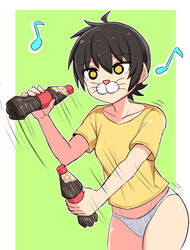  black_hair bottle cat_nose commentary cougar_(cougar1404) cowboy_shot eighth_note empty_eyes female green_background holding holding_bottle looking_at_viewer meme motion_lines musical_note nari_(cougar1404) no_pants original outside_border panties ribbed_panties shaking shirt short_hair short_sleeves soda_bottle soda_shake_(meme) solo standing symbol-only_commentary t-shirt underwear whiskers white_panties yellow_eyes yellow_shirt 