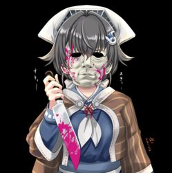  black_background black_hair blood blue_sailor_collar blue_serafuku commentary_request dated female halloween_(movie) headgear holding jingei_(kancolle) kantai_collection knife looking_at_viewer mask michael_myers neckerchief pink_blood sailor_collar shawl short_hair signature simple_background solo tk8d32 uniform upper_body white_bandana white_neckerchief 