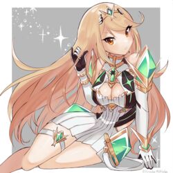  bare_legs bare_shoulders blonde_hair breasts chest_jewel cleavage cleavage_cutout clothing_cutout dress earrings elbow_gloves female gloves highres jewelry kyosuke1413koba large_breasts long_hair mythra_(xenoblade) short_dress solo swept_bangs thigh_strap tiara very_long_hair white_dress white_gloves xenoblade_chronicles_(series) xenoblade_chronicles_2 yellow_eyes 