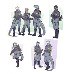  2022 anthro badge blue_sclera canid canine canis clothing colored darbaras electronics green_sclera group gun hi_res lizard male mammal orange_eyes orange_sclera pupils radio ranged_weapon reptile scalie security security_guard security_uniform simple_background submachine_gun talking_to_another trigger_discipline walkie-talkie weapon white_background wolf yellow_sclera 