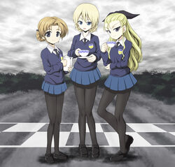  3girls assam_(girls_und_panzer) black_pantyhose blonde_hair blue_eyes cloud commentary cup darjeeling_(girls_und_panzer) day finish_line girls_und_panzer highres kamishima_kanon long_hair looking_at_viewer multiple_girls necktie orange_pekoe_(girls_und_panzer) pantyhose parody photoshop_(medium) school_uniform short_hair smile st._gloriana&#039;s_school_uniform sweater teacup teapot top_gear 