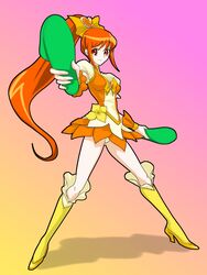  agahat commentary_request cosplay dual_wielding female heartcatch_precure! highres holding kamen_rider kamen_rider_w narumi_akiko parody ponytail precure slippers solo unofficial_precure_costume 