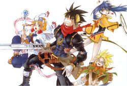  2boys 2girls abs bandages belt blonde_hair blue_hair braid brown_hair bug butterfly chakram dress earrings elena_(grandia) grandia grandia_ii highres jewelry kanoe_youshi multiple_boys multiple_girls official_art photoshop_(medium) roan_(grandia) ryudo_(grandia) serious short_dress single_earring spiked_hair staff sword tio_(grandia) torn_clothes weapon white_background 