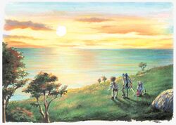  2boys aged_down artist_request cloud dated female grandia grandia_ii grass landscape melfice_(grandia) multiple_boys ocean outdoors reena_(grandia) rock ryudo_(grandia) scenery signature sitting sky standing sunset tree twilight wide_shot yellow_sky 