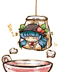  blue_hair chibi commentary_request cup female food fruit hat hinanawi_tenshi in_food mini_person minigirl okome_(kome_kuma) peach simple_background solo teabag teacup touhou 