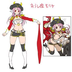  bell breasts bull cleavage commentary_request cow_hat epaulettes fake_horns female headphones high_heels horned_headwear horns horoscope large_breasts looking_at_viewer matador muleta multiple_views navel nitroplus pink_hair red_eyes super_sonico taurus_(zodiac) thong tsuji_santa zodiac 