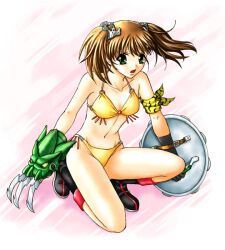  armor bikini boots brown_hair claw_(weapon) commentary_request dragon_quest dragon_quest_iii female fighter_(dq3) gloves green_eyes kuruno_nekomata long_hair magic_bikini_(dq) o-ring o-ring_top shield solo swimsuit twintails weapon 