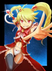  ahoge blonde_hair commentary_request female foreshortening grin hair_ornament long_hair midriff navel nyaasora panties pixiv_fantasia pixiv_fantasia_wizard_and_knight red_eyes smile solo thighhighs twintails underwear uneven_twintails wand 