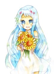  blue_hair bluebell bluebell_(flower) dress flower hair_ornament hairclip hairclips katekyo_hitman_reborn katekyo_hitman_reborn! long_hair smile sunflower white_dress 