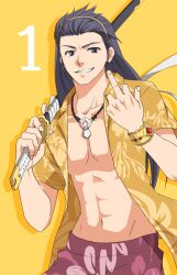  1boy black_eyes black_hair bracelet celestial_s countdown grin hairband jewelry long_hair male_focus middle_finger necklace official_alternate_costume open_clothes over_shoulder shirt shorts smile solo sword tales_of_(series) tales_of_vesperia weapon weapon_over_shoulder yellow_background yuri_lowell yuri_lowell_(aloha_boy) 