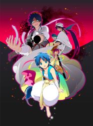  4boys aladdin_(magi) amputee arabian_clothes bad_id bad_pixiv_id baggy_pants bandages barefoot black_hair blue_eyes blue_hair braid chinese_clothes dalc_rose female flute hair_ornament hair_stick hanfu highres instrument ja&#039;far_(magi) keffiyeh long_hair magi_the_labyrinth_of_magic midriff multiple_boys navel pants ponytail red_hair ren_hakuryuu ren_kougyoku short_hair sinbad_(magi) tears turban 