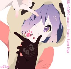  1boy album_cover_redraw commentary_request derivative_work finger_frame gloves hair_over_one_eye headwear_with_attached_mittens highres inga k-on! male_focus open_mouth panda_hat parody purple_eyes purple_hair shiina_(03) short_hair solo toyosaki_aki un-go voice_actor_connection 