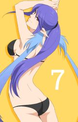  armpits arms_up back bad_proportions bikini blue_hair breasts butt_crack celestial_s countdown female judith_(barely-there_black_bikini)_(tales) judith_(tales) long_hair looking_back medium_breasts o-ring o-ring_top official_alternate_costume pointy_ears purple_hair red_eyes sideboob smile solo swimsuit tales_of_(series) tales_of_vesperia tri_tails underboob yellow_background 