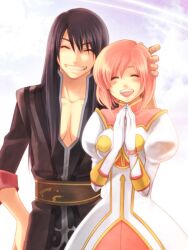  1boy ^_^ belt black_hair celestial_s closed_eyes coat dress estellise_sidos_heurassein female gloves grin hand_on_another&#039;s_head happy long_hair open_mouth pink_hair short_hair smile tales_of_(series) tales_of_vesperia white_gloves yuri_lowell 