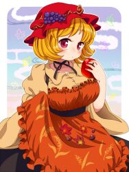  acorn aki_minoriko apple apron black_skirt blonde_hair blush breasts commentary_request female floral_print food fruit grapes hat holding holding_food holding_fruit large_breasts leaf nut_(food) pentagon_(uzus) red_eyes shirt short_hair skirt skirt_basket solo touhou 