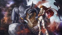  android bodysuit buster_machine_7 commentary_request crossed_arms dix-neuf female galaxy gunbuster_pose guts_(artist) highres mecha nono_(top_wo_nerae_2!) photoshop_(medium) realistic red_hair robot scarf science_fiction space star_(sky) star_(symbol) top_wo_nerae_2! white_bodysuit 