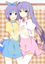  2girls anna_miller apron blue_eyes commentary_request hair_ribbon hiiragi_kagami hiiragi_tsukasa kobeya_uniform long_hair lucky_star multiple_girls plaid plaid_apron purple_hair ribbon short_hair siblings sisters thighhighs twins twintails waitress watashishi 