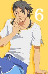  1boy bad_link black_hair celestial_s countdown facial_hair green_eyes male_focus official_alternate_costume one_eye_closed raven_(tales) raven_(that_summer_guy)_(tales) shirt shorts sitting solo stubble tales_of_(series) tales_of_vesperia yellow_background 