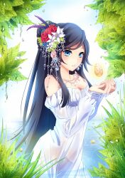  bad_id bad_pixiv_id bare_shoulders black_hair blue_eyes breasts cleavage collar day dew_drop dress earrings female flower gold hair_flower hair_ornament hands jewelry kishichi leaf long_hair medium_breasts original outdoors rose solo water water_drop wet white_dress 