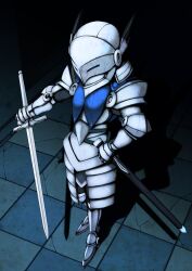  armor aroha_j blue_eyes blue_theme breastplate commentary_request couter crack cracked_floor faulds female from_above full_armor gauntlets greaves helmet holding holding_sheath holding_sword holding_weapon knight monochrome pauldrons photoshop_(medium) pixiv_fantasia pixiv_fantasia_wizard_and_knight plate_armor scabbard sheath shoulder_armor solo standing sword tile_floor tiles unsheathed visor_(armor) weapon 